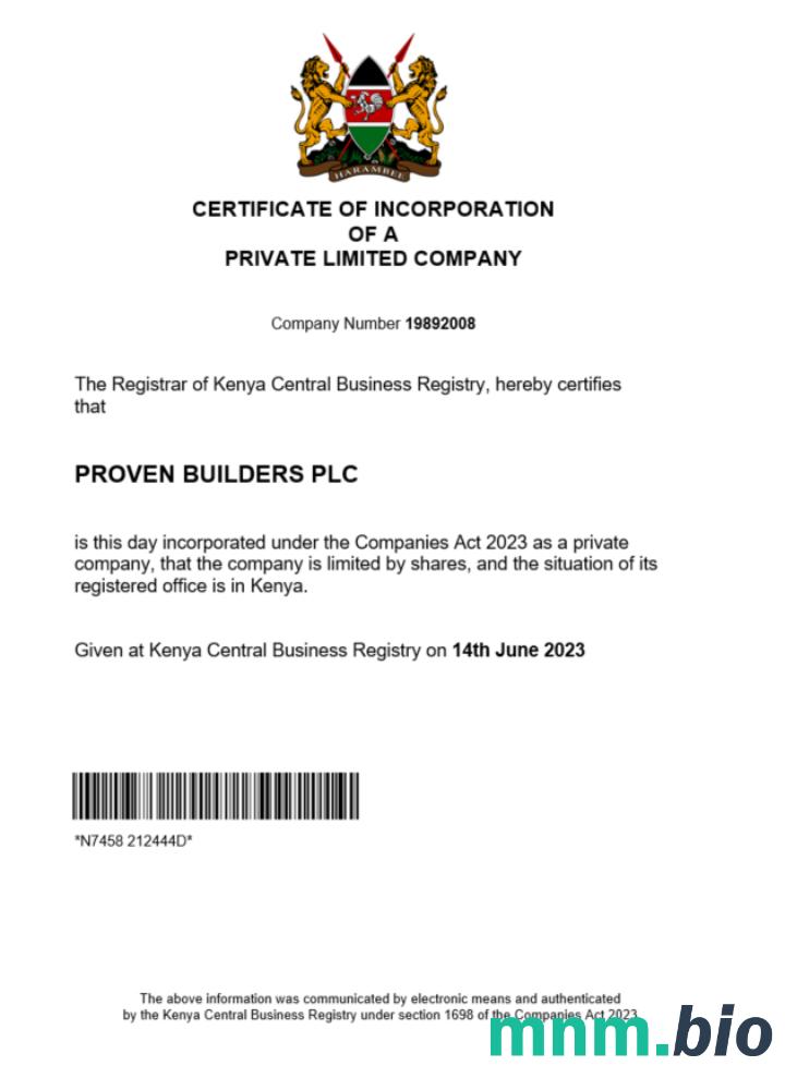 Kenia Business registration vcertyfikat Word i szablon PDF